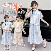 2024夏季女童套裙夏装中大童中国风花朵汉服短袖裙子两件套潮