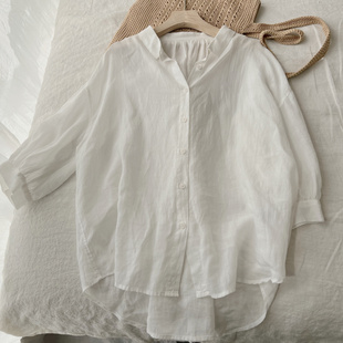 夏日空调白衬衫。天然精纺，100支苎麻七分袖前短后长白衬衫女防晒