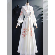 新中式国风白色连衣裙女春季2024收腰显瘦高级感小众绑带长裙