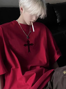 十字架纯棉美式高街短袖t恤男夏季潮流，个性痞帅酒红色半截袖体恤
