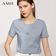 Amii设计感冰感短袖小冰紫色T恤女夏修身绣花纯棉丝光棉上衣