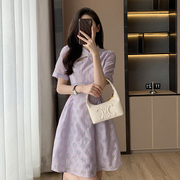 法式小香风紫色连衣裙，女夏季2024收腰显瘦高级感气质短款裙子