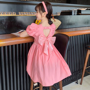 女童超仙粉色公主裙2024夏季韩版儿童洋气珍珠娃娃领连衣裙子