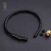 皮绳手链diy可穿3d硬金替换黄金，转运珠真皮编织粗手绳黑色半成品