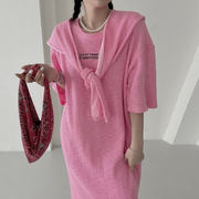 韩国chic夏季法式甜美圆领，字母印花披肩设计宽松短袖t恤连衣裙女