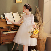 女童公主裙白色，中袖蓬蓬网纱婚礼服，六一儿童走秀钢琴演出服婚纱裙