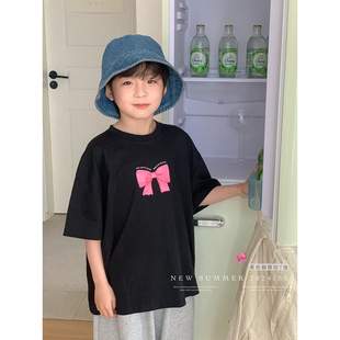 虾酱麻麻男童短袖t恤夏装，2024中大童粉色，蝴蝶结印花儿童体恤