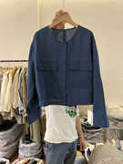 韩国1007修身显瘦时尚设计感复古薄款圆领棉麻小个子短款外套上衣