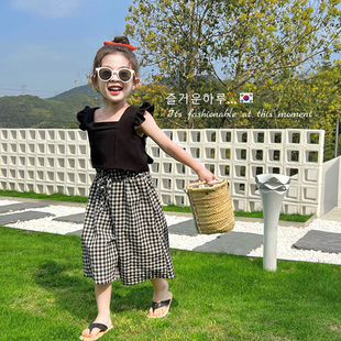 韩版女童夏季黑色花边背心套装儿童洋气短袖格子阔腿裤薄款两件套