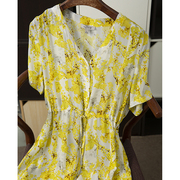 黄色碎花v领衬衫裙碎花，真丝连衣裙桑蚕丝，女短袖a字裙子夏季