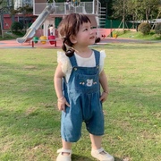 韩版婴儿衣服夏装女童宝宝牛仔背带裤套装连体衣爬服时髦连体裤子