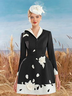 越南设计师小众黑白撞色不对称立体花朵收腰显瘦长袖连衣裙女通勤
