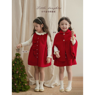 sonnykids女童冬季红色羊毛，背心裙斗篷，两件套高级礼服花边无袖裙