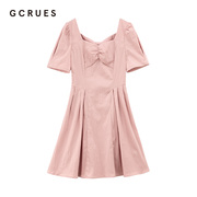 gcrues嫩粉色连衣裙，2024韩版显瘦气质蝴蝶结，小个子裙子夏季女