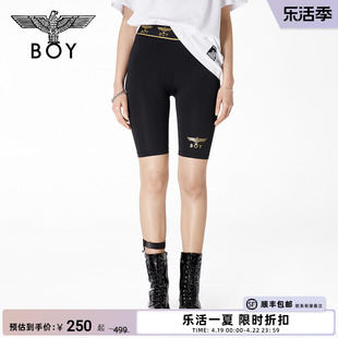 BOYLONDON潮牌打底裤女金色LOGO提花腰带弹力黑色安全裤W16000