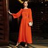 马来西亚女装3019燃橙色手工缝钻针织连衣裙中东迪拜聚会礼服