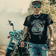 欧美风短袖t恤阿美咔叽印花骷髅头摇滚机车摩托车骑士街头重机男