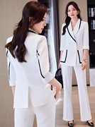 双排扣白色西服套装女春夏高级感修身职业装设计感西装裤子两件套