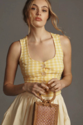 美国黄色格子复古方领格子吊带背心女夏季设计感修身背心