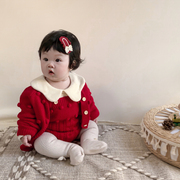 女童毛衣套装秋冬装婴儿针织，开衫外套+背带，包屁裤宝宝新年外出服