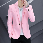 西装男韩版秋季青少年帅气修身粉红色小西服学生休闲男装上衣外套