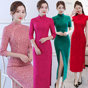 中式红蕾丝旗袍长款少女，改良2024年七分袖，连衣裙中国风回娘家大码