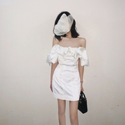 sq连衣裙女2023夏季一字肩褶皱包臀白色收腰仙女裙