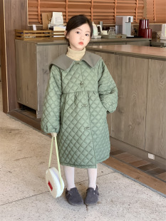 韩版儿童外套秋冬女童洋气大翻领绗棉格纹加厚保暖中长款棉衣