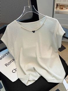 白领哥弟新设计(新设计)感爱心链条冰丝针织衫，女装t恤圆领蝙蝠袖夏季短袖