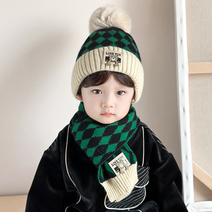 儿童帽子秋冬款男孩韩版男童，女童针织套头帽毛线帽围巾两件套装冬