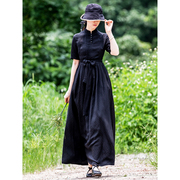 仙衣裾设计师黑色连衣裙，中式立领夏季复古气质女士，修身长裙大摆裙