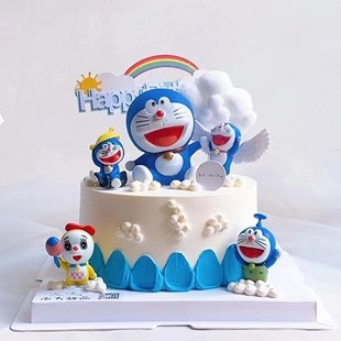 卡通蓝色小猫蛋糕装饰摆件，插件儿童蓝猫儿童生日蛋糕插件蓝猫套装