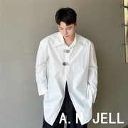韩国版ulzzang22夏东大门权志龙风格(龙风格)黑白纯色，垫肩金属扣长袖衬衫