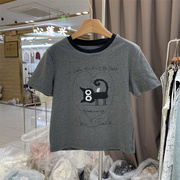 YHS97062024春夏韩版领口撞色边卡通猫咪图案短袖T恤衫上衣女