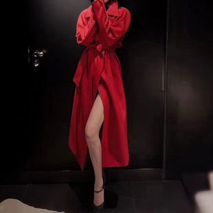 高端轻奢红色大衣外套名媛，气质慵懒风西装领廓形长款风衣女