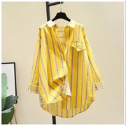 黄色条纹衬衫女2023春季韩版蝙蝠，袖中长款衬衣设计感防晒