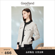 Goodland美地女装2023春季黑白粗花呢香风含羊毛棒球外套