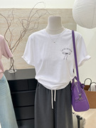 夏季韩国女装简约蝴蝶结印花设计感纯棉短袖T恤女白色tee上衣