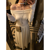 王少女(王少女)的店白色，一字领针织，连衣裙2024早春法式气质收腰长裙子