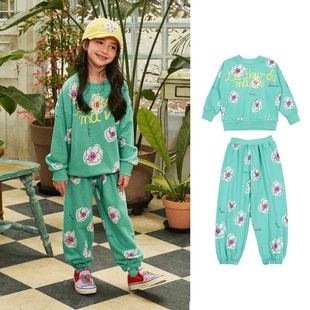 韩国童装ins风婴儿宝宝男女童绿色小花卫衣卫裤幼儿园运动套装