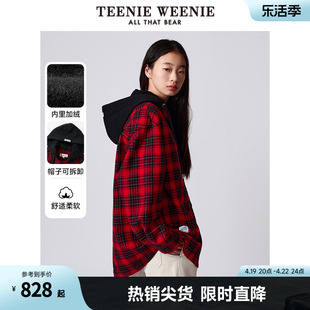 TeenieWeenie小熊2024年休闲时髦红色格纹连帽加绒衬衫外套宽松女