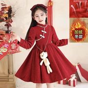 女童连衣裙秋冬韩版洋气儿童红色，裙子加绒加厚女孩新年服冬装
