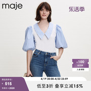Maje Outlet春秋女装法式气质泡泡袖蓝色短袖衬衫上衣MFPTS00593
