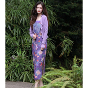秋季复古花间紫新中式花朵吊带连衣裙+针织开衫外套套
