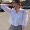 韩国夏季性感魅力露脐衬衫薄款长袖防晒衫宽松白色衬衣上衣女