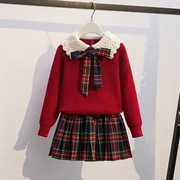 女童针织套头毛衣两件套儿童，秋冬洋气学院风jk套装百褶裙红色