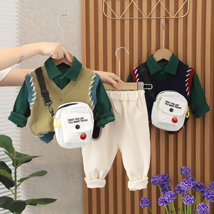 男童秋装套装洋气宝宝，2022时髦毛衣马甲，三件套婴儿韩版春秋潮