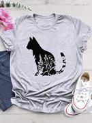 Black Cat T shirt 灰色T恤上衣黑色猫咪印花短袖圆领体恤衫