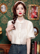 新中式小立领刺绣衬衫女2024夏季绣花泡泡，袖短袖衬衣气质上衣