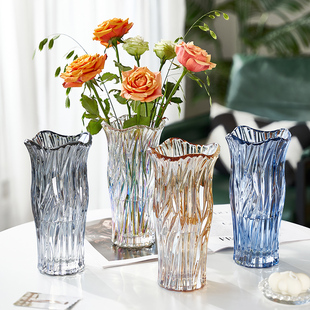 美式轻奢水晶玻璃花瓶，透明水培客厅餐桌，样板间插花器软装饰品摆件